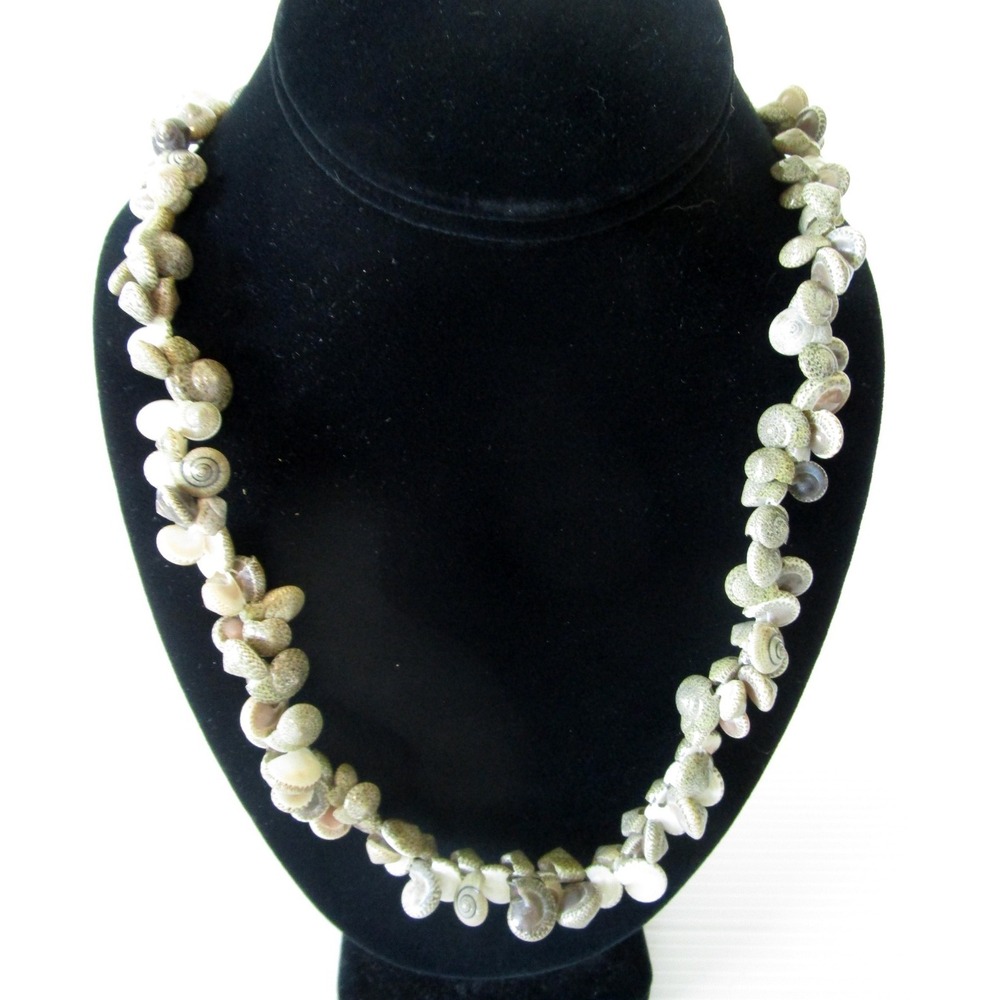 Vintage Sea Snail Shell Beaded Necklace REAL Beautiful Gray SHELL Hand Stung 36"